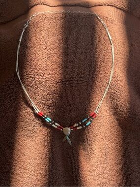 925 Silver Turquoise & Red Beaded Pendant Necklace with adjustable sizing
